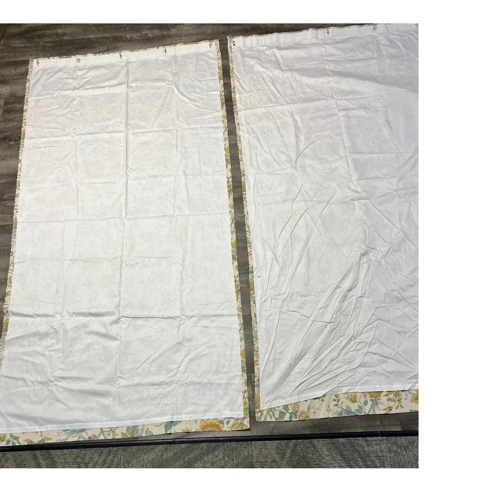 Pottery Barn Floral Linen Cotton Lined Curtain Panels Yellow Teal 50x96 Set of 2